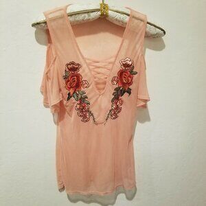 Vizio Womens Embroidered Sheer Top Cold Shoulder Ruffle Crisscross V-Neck Large